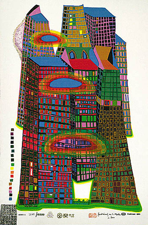 Hundertwasser - Good Morning City - Bleeding Town - series L - 1969 color screenprint